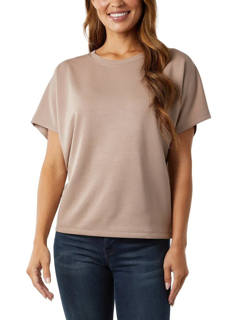 32 Degrees Womens Top Taupe Blouse Short Dolman Sleeves Crewneck Stretch, XLarge